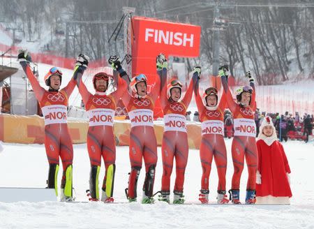 Feb 23, 2018; Pyeongchang, South Korea; Team Norway celebrates after the mixed team 1/8 final during the Pyeongchang 2018 Olympic Winter Games at Yongpyong Alpine Centre. Mandatory Credit: Soobum Im-USA TODAY Sports