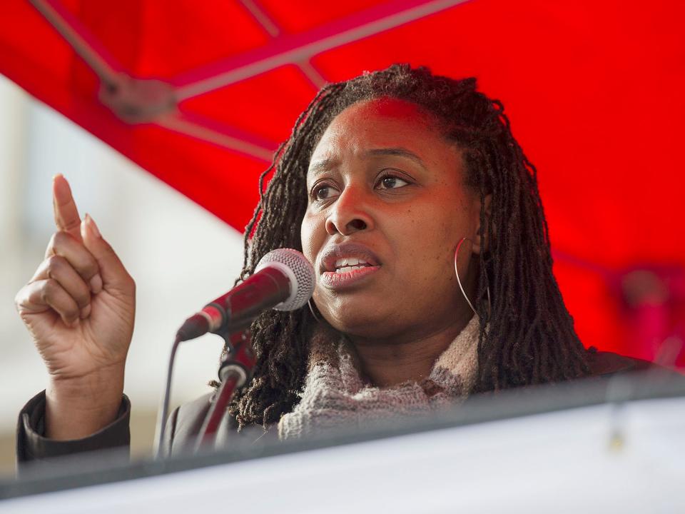 MP Dawn Butler speaks outside the US Embassy in central London, ahead of a protest and march to Downing Street, against US President Donald Trump's travel ban: PA