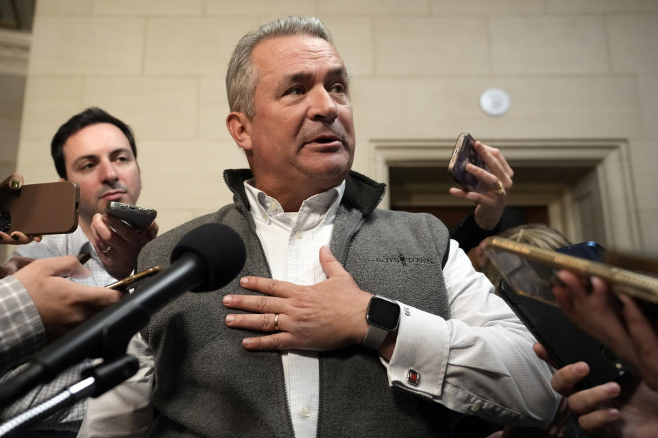 Rep. Don Bacon, R-Neb., speaks to reporters as Republicans meet to decide who to nominate to be the new House speaker, on Capitol Hill in Washington, Monday, Oct. 23, 2023. (AP Photo/Alex Brandon)