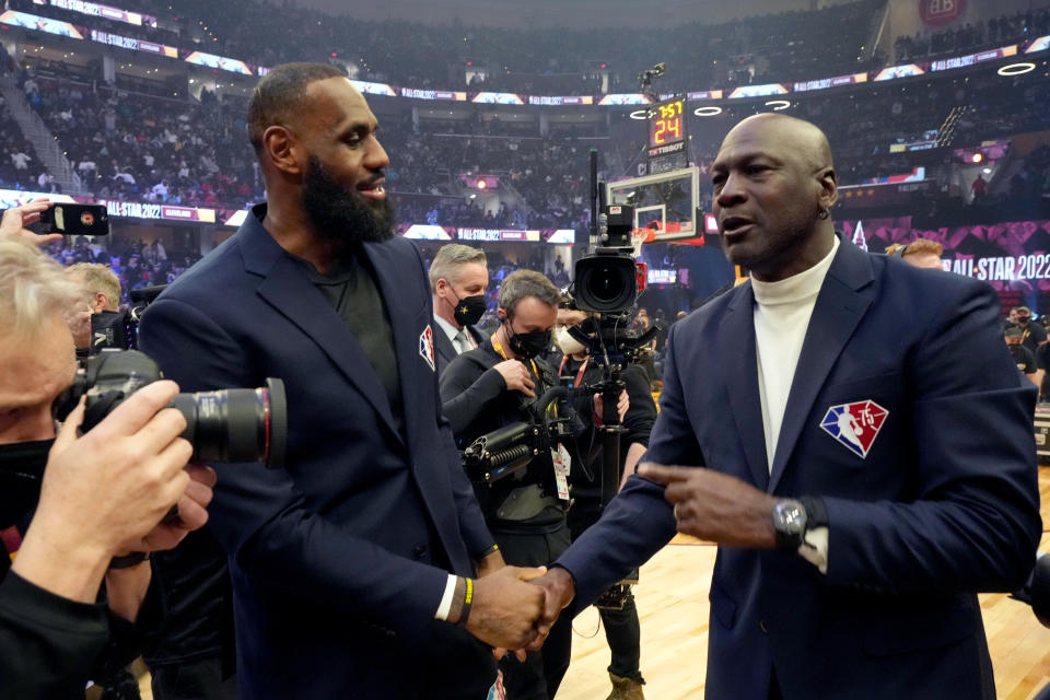LeBron James (left) and Michael Jordan at the 2022 NBA All-Star Game. 