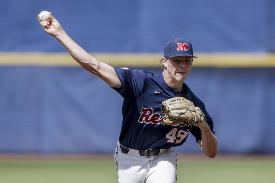 Mississippi pitcher Cody Adcock pitches against Arkansas in the first inning of an NCAA college baseball game during the Southeastern Conference tournament Saturday, May 29, 2021, in Hoover, Ala. (AP Photo/Butch Dill)