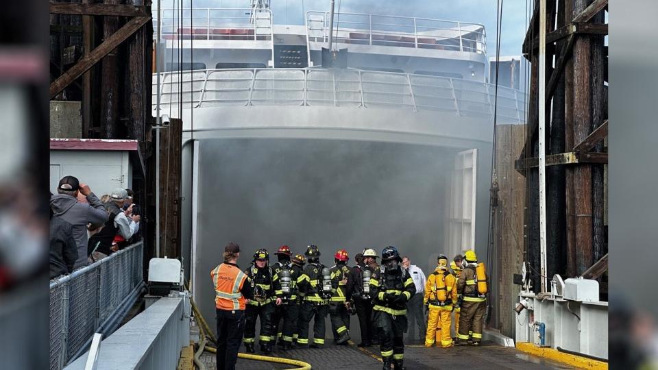<div>Port Angeles firefighters responding to the M.V. Coho Ferry after a motorhome caught fire in the car deck. (Photo: City of Port Angeles)</div>