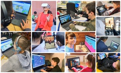 Students using “Hatch Kids”  in the classroom and at home to create 3D/AR/VR experiences and run them on a variety of devices like iPads, Chromebooks, and mixed reality headsets (Oculus/Meta) (PRNewsfoto/Camp K12)
