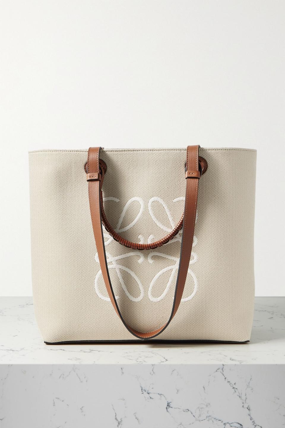 Anagram Leather-Trimmed Embroidered Canvas Tote