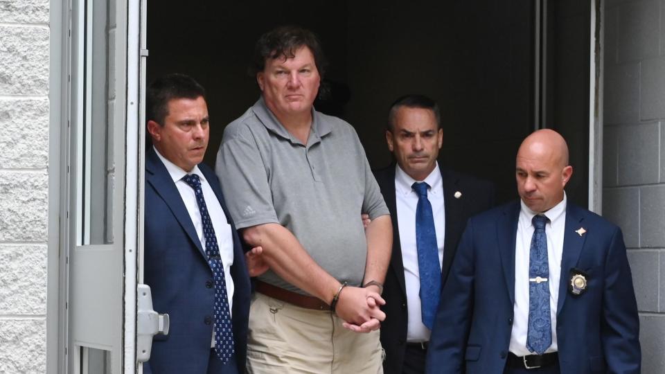 Suspect Rex Heuermann leaving the Suffolk County Police 7th Precinct in connection with the Gilgo Beach murders on his way to court on  July 14, 2023.  / Credit: Splash by Shutterstock