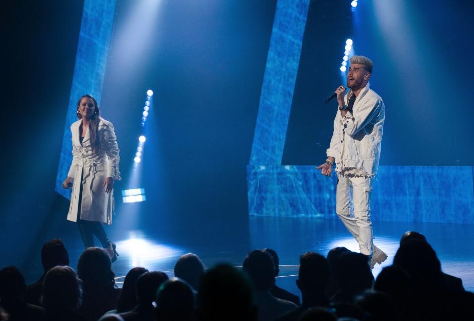 Colton Dixon (right) performs with Gabby Barrett at the K-Love Fan Awards at the Grand Ole Opry on May 28, 2023; Nashville, TN, USA;  Mandatory Credit: Sarah White-The Tennessean