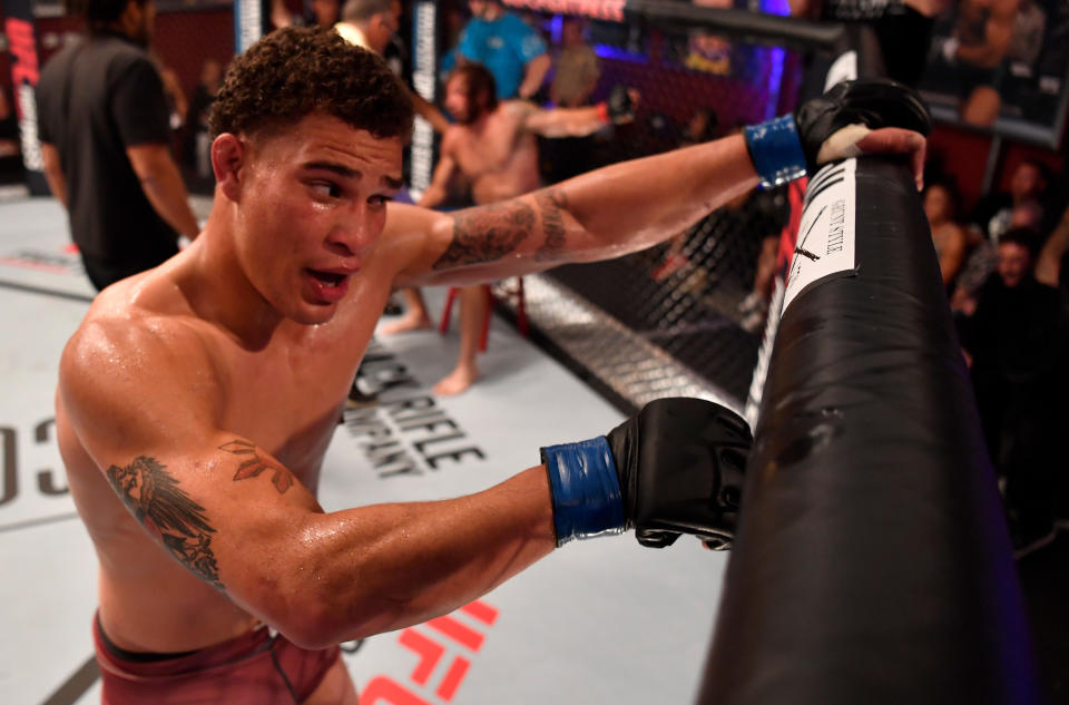 LAS VEGAS, NV - JUNE 26:  Jordan Williams reacts after his victory over Tim Caron in their middleweight bout during Dana White's Tuesday Night Contender Series at the TUF Gym on June 26, 2018 in Las Vegas, Nevada. (Photo by Jeff Bottari/DWTNCS LLC)