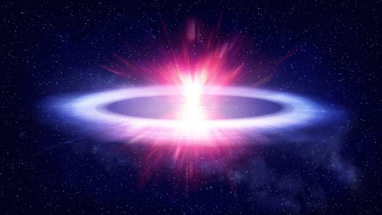  An illustration showing a bright pink flare surrounded by a pancake-flat shock wave 