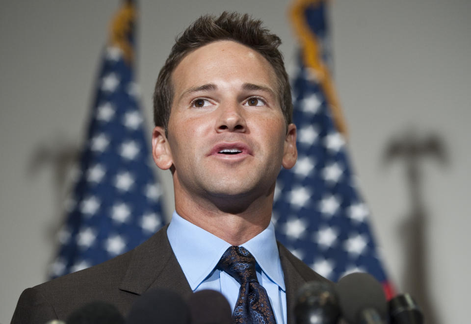 UNITED STATES - JULY 16: Rep. Aaron Schock, R-Ill., speaks to the media following the Republicans' "America Speaking Out" forum on job creation on Friday, July 16, 2010. (Photo By Bill Clark/Roll Call via Getty Images)