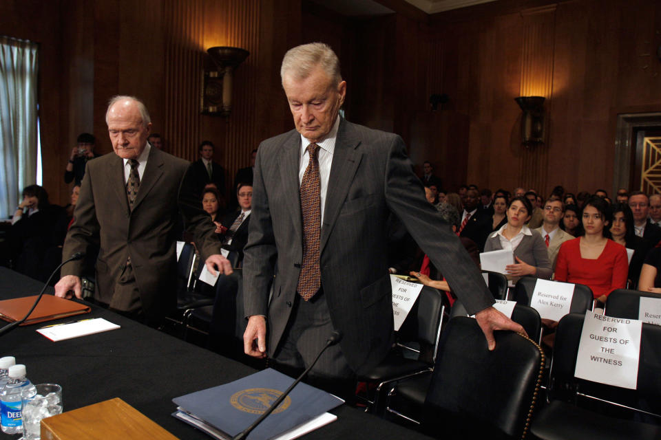 <p>Former National Security Advisers Brent Scowcroft, left, and Zbigniew Brezezinski arrive on Capitol Hill in Washington, Thursday, March 5, 2009, prior to testifying before the Senate Foreign Relations Committee hearing on U.S. strategy in Iran. (Photo: Harry Hamburg/AP) </p>