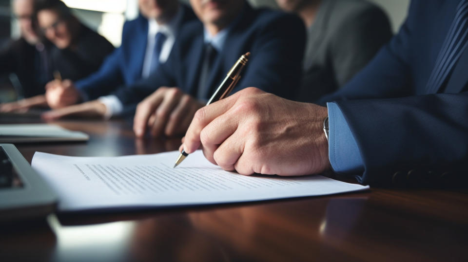 A close-up of hands signing a contract at a boardroom table to shareholders.