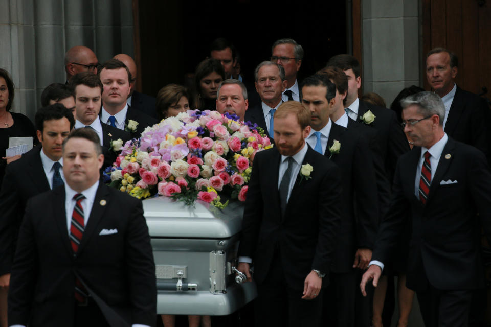 <p>Former President George H.W. Bush attends the funeral service for his wife, former first lady Barbara Bush, with his son the 43rd U.S. President George W. Bush at St. Martin’s Episcopal Church in Houston, Texas, April 21, 2018. (Photo: Richard Carson/Reuters) </p>