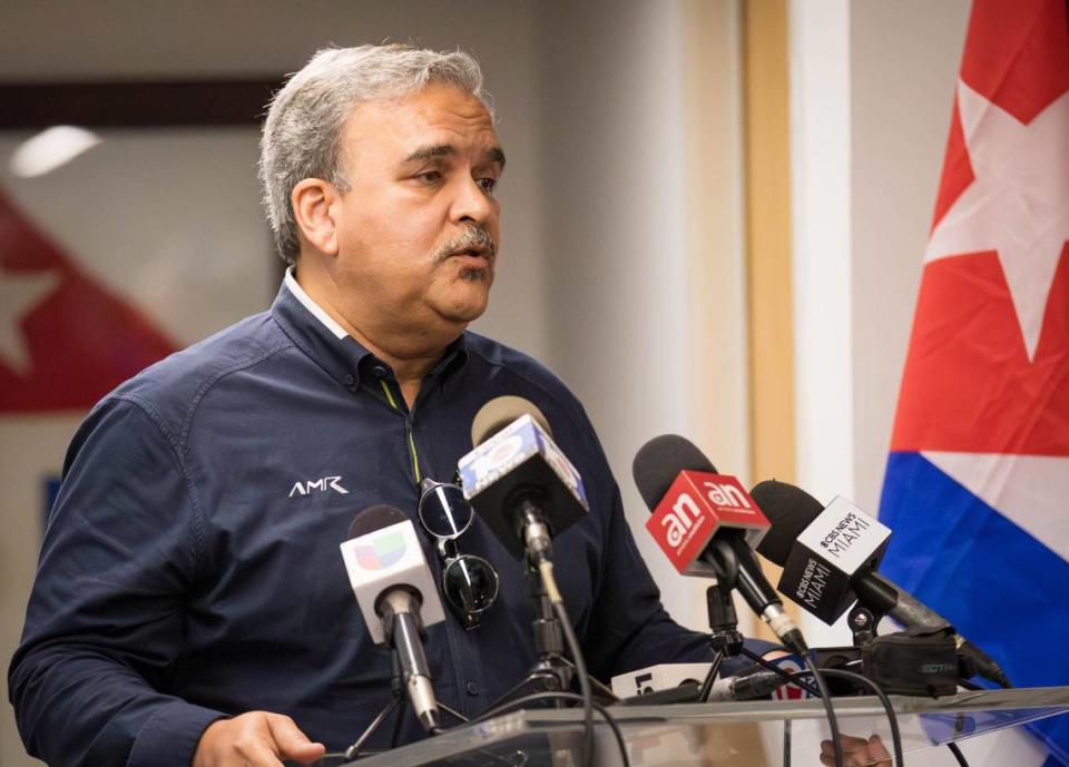 Member of the Chamber of Deputies of the Dominican Republic, Elías Wessin Chávez speaks at the Independent Venezuelan America Citizens” (IVAC) press conference regarding the Venezuelan election at the The Cuban Democratic Directorate office on Tuesday, July 30, 2024 in Miami, Fla.