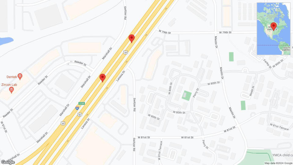 A detailed map that shows the affected road due to 'Broken down vehicle on eastbound I-35 in Overland Park' on July 25th at 5:44 p.m.