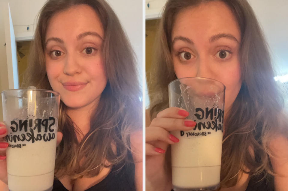 Hannah drinking a beer milkshake