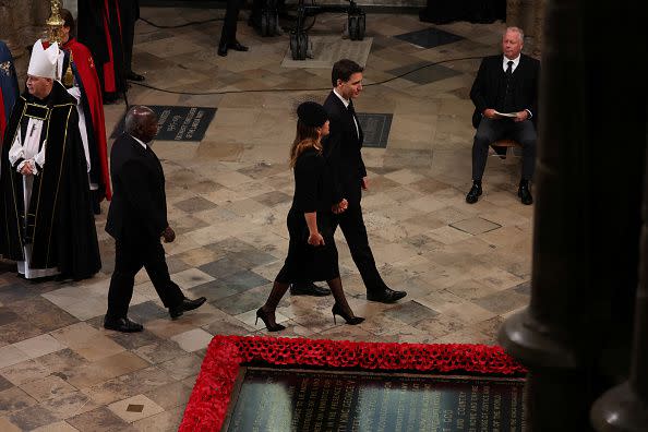 LONDON, ENGLAND - SEPTEMBER 19: Canadian Prime Minister Justin Trudeau arrives for the State Funeral of Queen Elizabeth II at Westminster Abbey on September 19, 2022 in London, England.  Elizabeth Alexandra Mary Windsor was born in Bruton Street, Mayfair, London on 21 April 1926. She married Prince Philip in 1947 and ascended the throne of the United Kingdom and Commonwealth on 6 February 1952 after the death of her Father, King George VI. Queen Elizabeth II died at Balmoral Castle in Scotland on September 8, 2022, and is succeeded by her eldest son, King Charles III. (Photo by Phil Noble - WPA Pool/Getty Images)