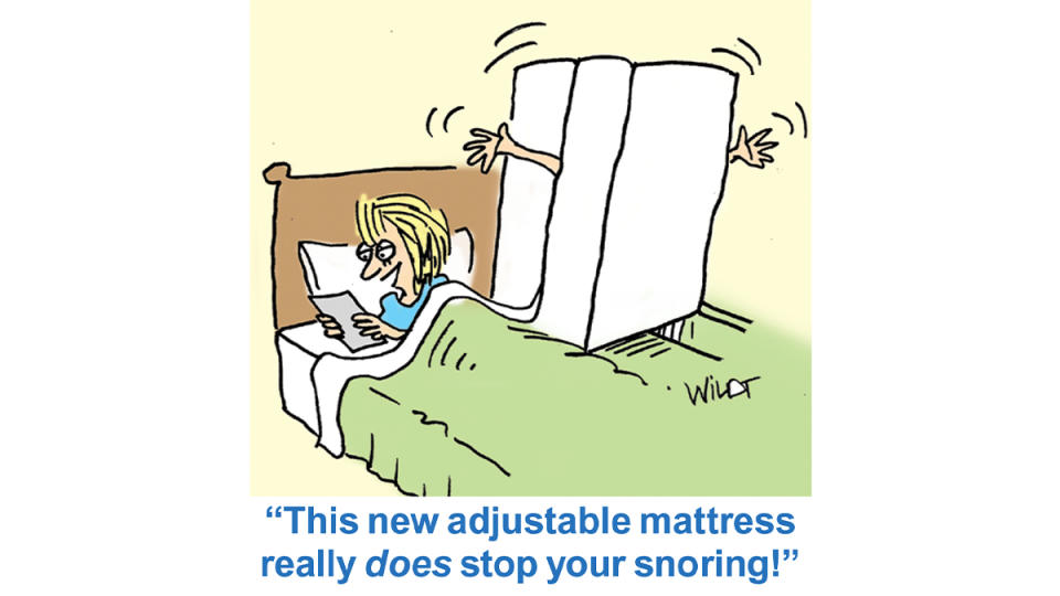 Cartoon of couple in bed with man smushed in mattress and wife saying, 