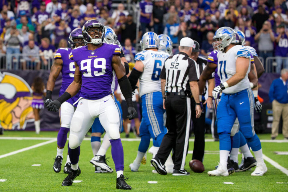 Oct 1, 2017; Minneapolis, MN, USA; Minnesota Vikings defensive lineman Danielle Hunter (99) celebrates his sack in the first quarter against the Detroit Lions quarterback Matthew Stafford (9) at U.S. Bank Stadium. Mandatory Credit: Brad Rempel-USA TODAY Sports