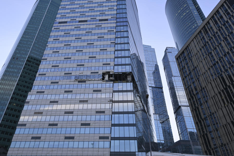 A view of the damaged skyscraper is shown in the "Moscow City" business district after a reported drone attack in Moscow, Russia, early Sunday, July 30, 2023. (AP Photo)