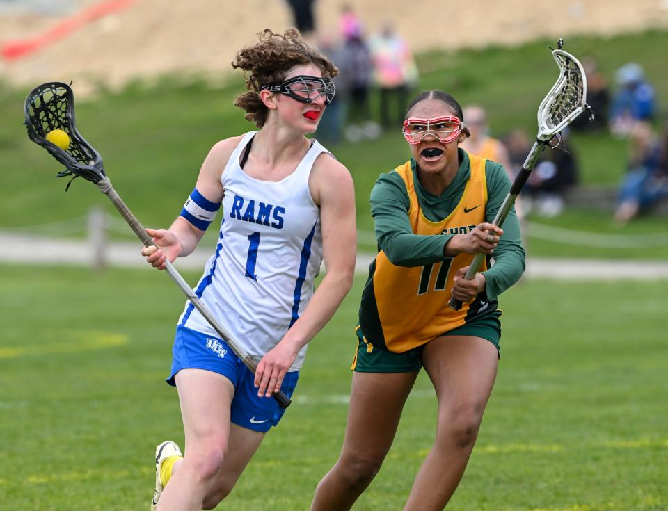 Adryanna Turner of Upper Cape Tech moves past Andrea Fernandes of South Shore Tech