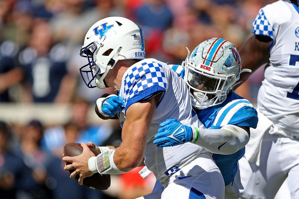 OXFORD, MISSISSIPPI - OCTOBER 01: Austin Keys #11 of the Mississippi Rebels sacks Will Levis #7 of the Kentucky Wildcats during the first half at Vaught-Hemingway Stadium on October 01, 2022 in Oxford, Mississippi. (Photo by Justin Ford/Getty Images)