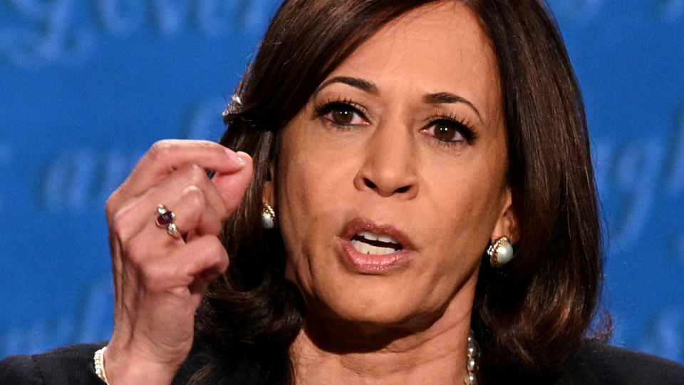 Senator Kamala Harris speaks during the vice presidential debate in Kingsbury Hall at the University of Utah on October 7, 2020, in Salt Lake City, Utah. (Robyn Beck/AFP via Getty Images)