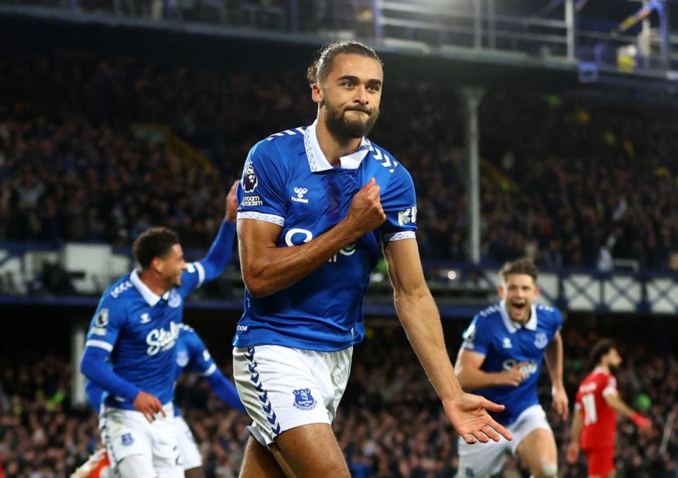 Derby delight: Dominic Calvert-Lewin was on target as Everton ended a long winless run (REUTERS)