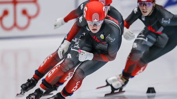 Kim Boutin of Sherbrooke won a second straight speed skating race to take  the 1,000-metre overall title Saturday at the Canadian short track championships in Montreal. (Speed Skating Canada - image credit)