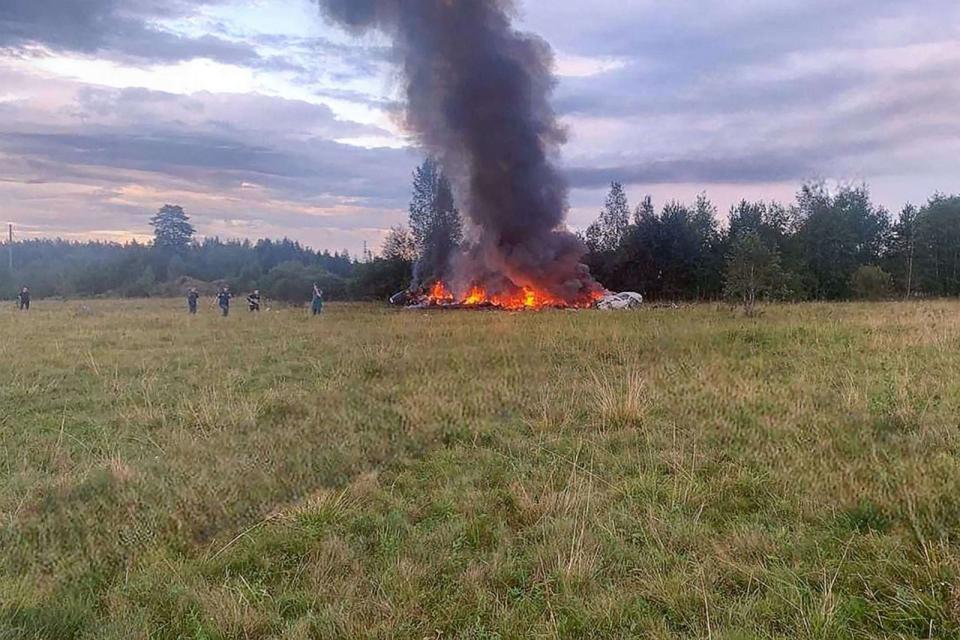 PHOTO: This photograph posted on a Wagner linked Telegram channel @grey_zone on August 23, 2023 and which can not be independetly verified by the AFP, reportedly shows a the wreckage of burning plane near the village of Kuzhenkino, Tver region. (Wagner linked Telegram channel @grey_zone/AFP via Getty Images)