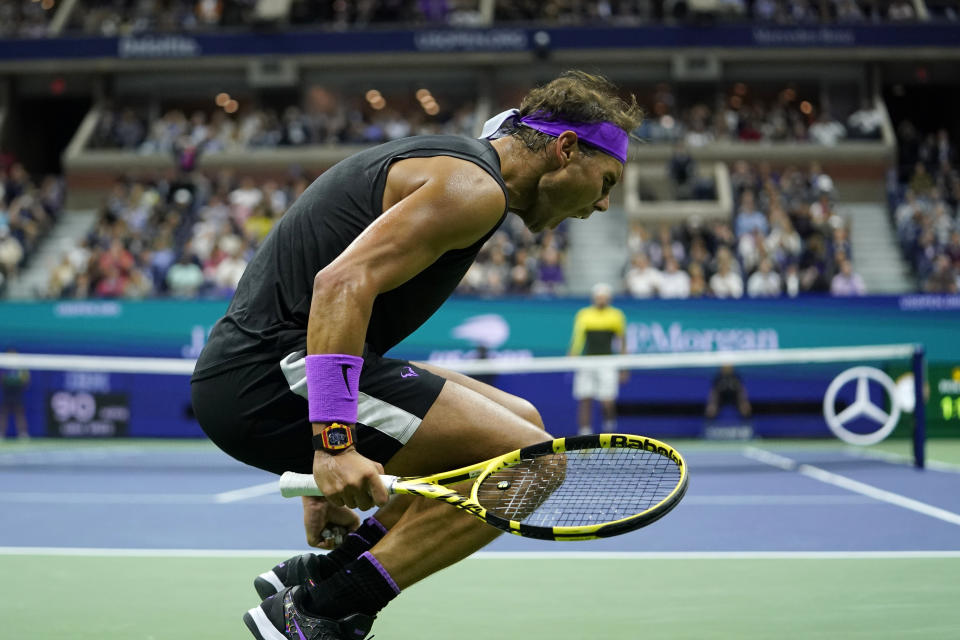 Rafael Nadal, of Spain, reacts after winning the first set against Matteo Berrettini, of Italy, during the men's singles semifinals of the U.S. Open tennis championships Friday, Sept. 6, 2019, in New York. (AP Photo/Eduardo Munoz Alvarez)