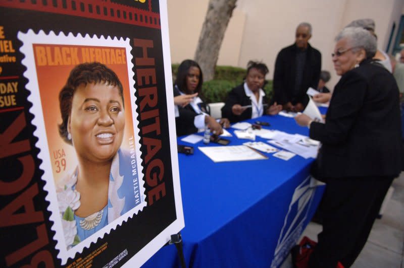 Stamps and memorabilia are for sale at the dedication of a new 39-cent commemorative stamp honoring actress Hattie McDaniel held at the The Academy of Motion Picture Arts and Sciences Fairbanks Center for Motion Picture Study in Beverly Hills, Calif., on January 25, 2006. On February 29, 1940, McDaniel became the first Black actor to win an Academy Award -- for her role in "Gone With the Wind." The movie won eight awards that night. File Photo by Phil McCarten/UPI