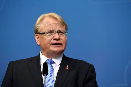 Sweden's Defence Minister Peter Hultqvist attends a news conference at Rosenbad, the Swedish government headquarters, in Stockholm, Sweden July 27, 2017. TT News Agency/Erik Simander via REUTERS