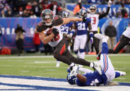 <p>Wide receiver Adam Humphries #10 of the Tampa Bay Buccaneers scores a touchdown against cornerback cornerback Grant Haley #34 of the New York Giants during the third quarter at MetLife Stadium on November 18, 2018 in East Rutherford, New Jersey. (Photo by Al Bello/Getty Images) </p>