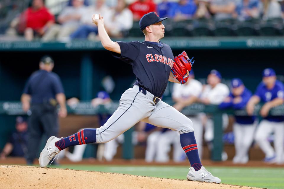 Guardians pitcher Tanner Bibee throws during the third inning against the Rangers, May 13, 2024, in Arlington, Texas.