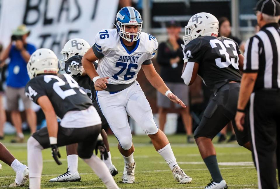 Airport Eagles Dylan Barbery (76) blocks during the game at Brookland-Cayce High School Friday, Aug. 26, 2022.