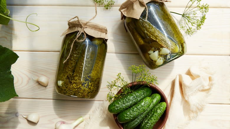 jars and bowl of pickles