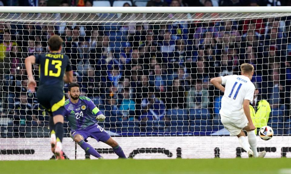 <span>Oliver Antman equalises for Finland from the penalty spot in the 85th minute.</span><span>Photograph: Owen Humphreys/PA</span>