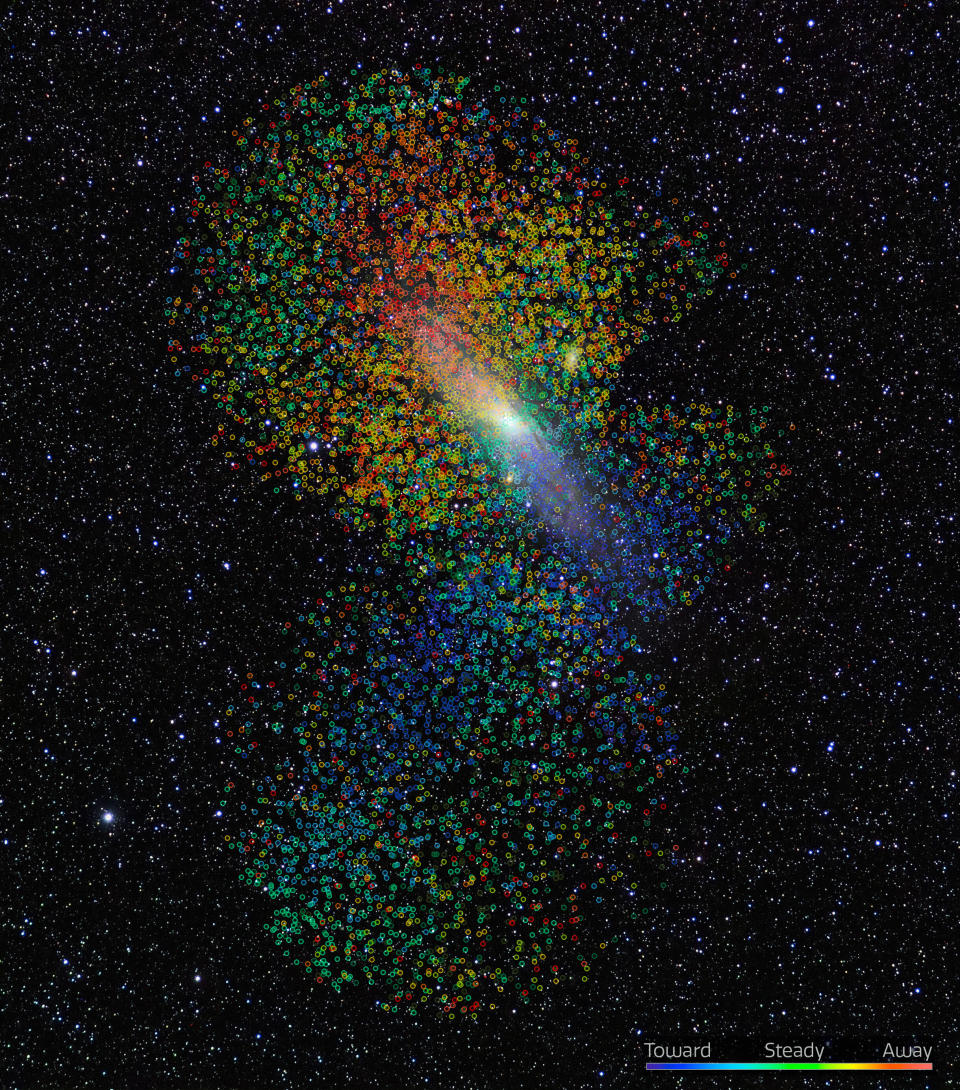 Each of the dots on this image represents an individual star in the Andromeda Galaxy, with the motion of the star (relative to the galaxy) color-coded from blue (moving toward us) to red (moving away from us).