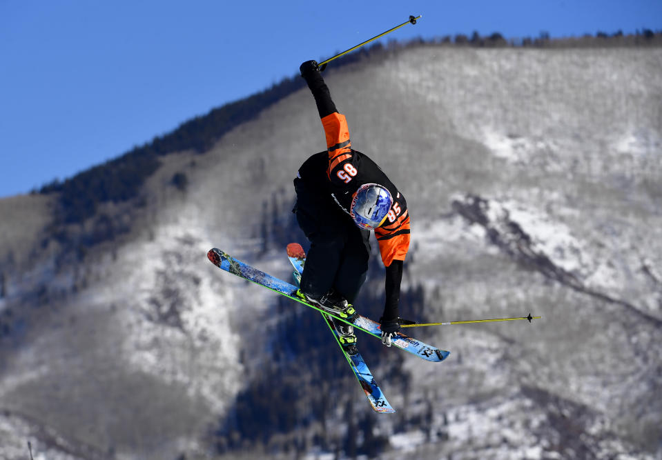 USA skier Nick Goepper competes while wearing a Cincinnati Bengals jersey at the X Games on January 23, 2022 in Aspen, Colorado. (Helen H. Richardson/MediaNews Group/The Denver Post via Getty Images)