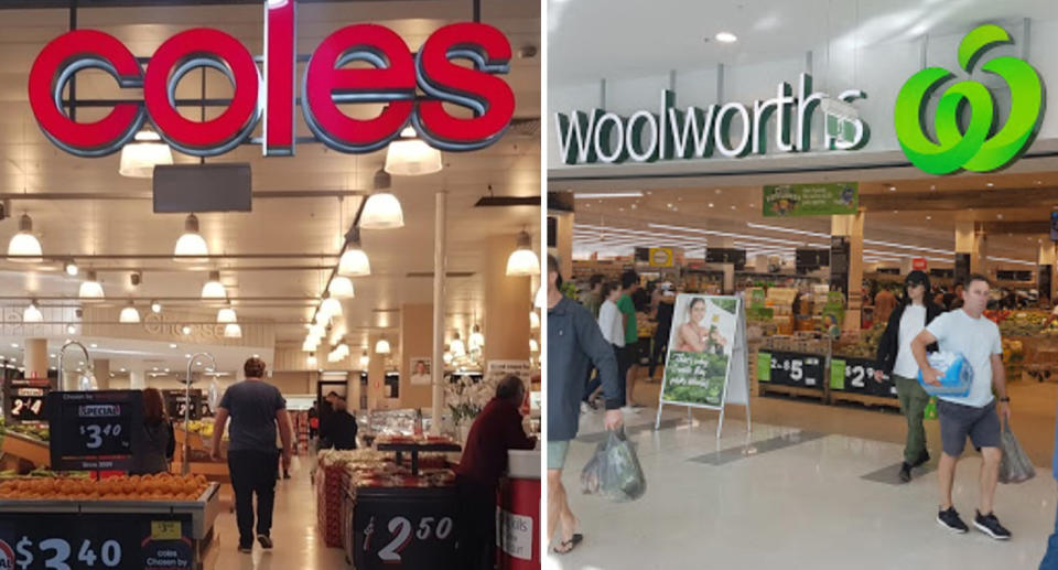 Photo shows front of a Coles and Woolworths store as supermarkets reintroduce buying limits.