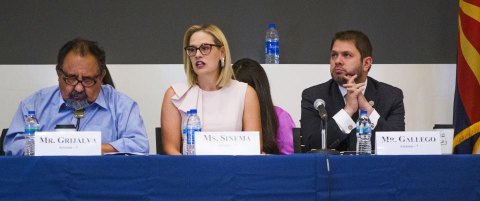 The U.S. House Homeland Security Subcommittee holds a hearing on the national opioid crisis in 2018. From left are U.S. Rep. Raúl Grijalva, U.S. Rep. Kyrsten Sinema and U.S. Rep. Ruben Gallego.