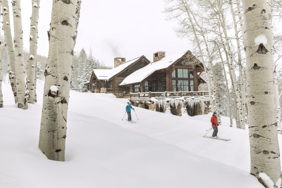 Skiers outside of Zach's Cabin in Beaver Creek, CO