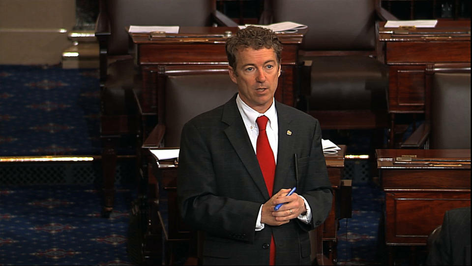 This video frame grab provided by Senate Television shows Sen. Rand Paul, R-Ky. speaking on the floor of the Senate on Capitol Hill in Washington, Wednesday night, March 6, 2013, shortly before 10 p.m. EST. Paul was still going strong with his self-described filibuster blocking confirmation of President Barack Obamas nominee John Brennan to lead the Central Intelligence Agency. (AP Photo/Senate Television)