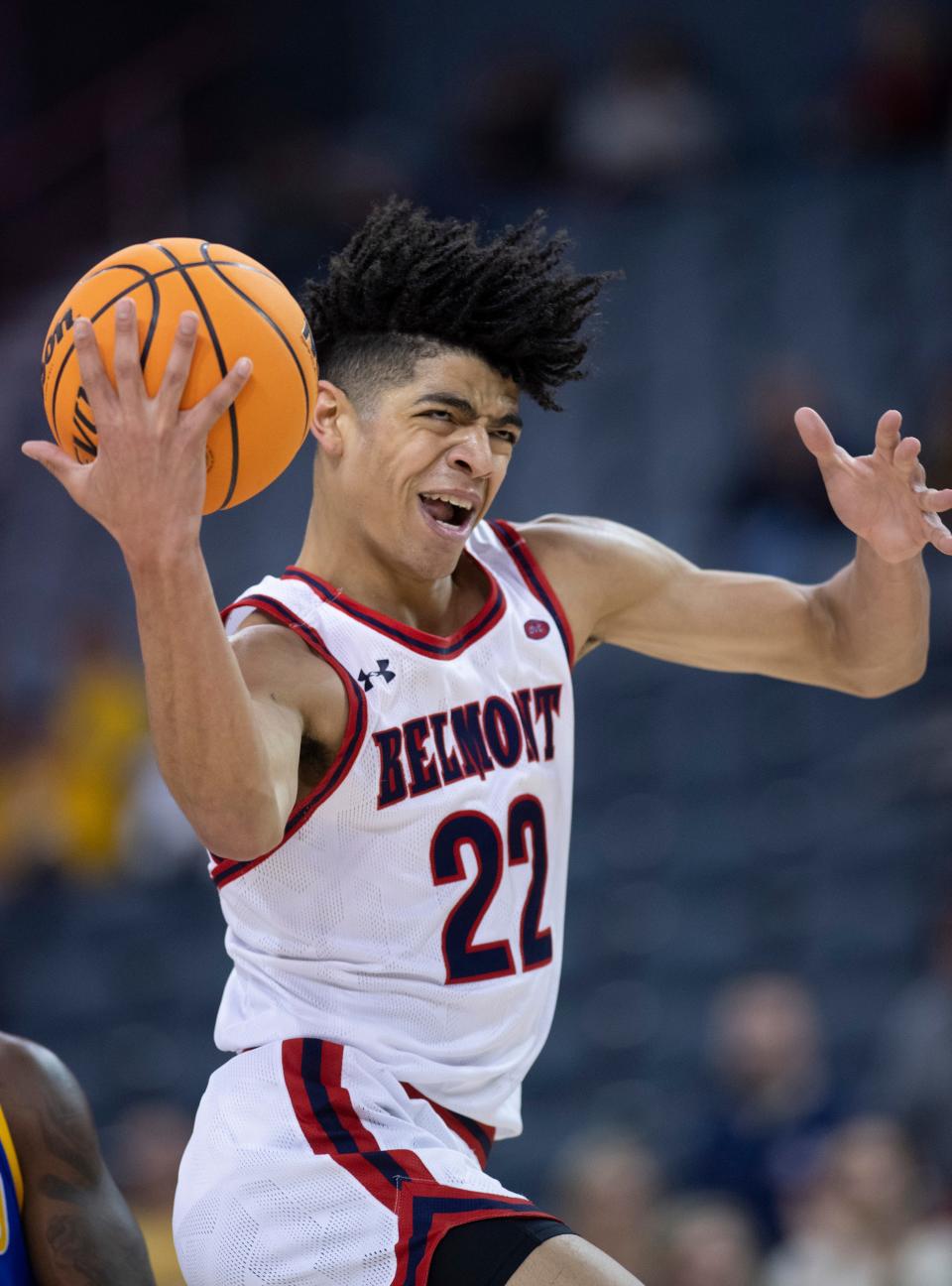 Belmont's Ben Sheppard (22) pulls down a rebound against Morehead State during their semifinal game of the 2022 Ohio Valley Conference Men's Basketball Championship at Ford Center in Evansville, Ind., March 4, 2022.