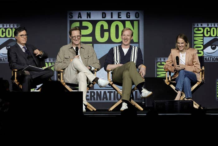Stephen Colbert, JD Payne, Patrick McKay and Lindsey Weber speak onstage at "The Lord of the Rings: The Rings of Power" panel during 2022 Comic-Con International: San Diego at San Diego Convention Center
