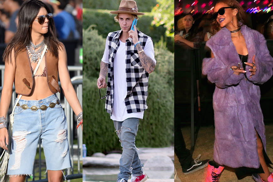 Is Coachella even really about the music anymore? From Kendall Jenner cavorting with her sister Kylie an friends Justin Bieber and Hailey Baldwin in boyfriend jean shorts, to Behati Prinsloo wearing a choker necklace, and Rihanna in a purple fuzzy coat and hot pink boots, the style stars brought out their best boho hipster chic outfits. Here, the best dressed celebs so far.