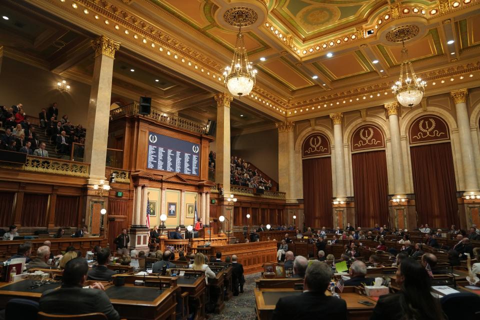 Gov. Kim Reynolds gives the annual Condition of the State address at the Iowa State Capitol, Tuesday, Jan. 9, 2024.