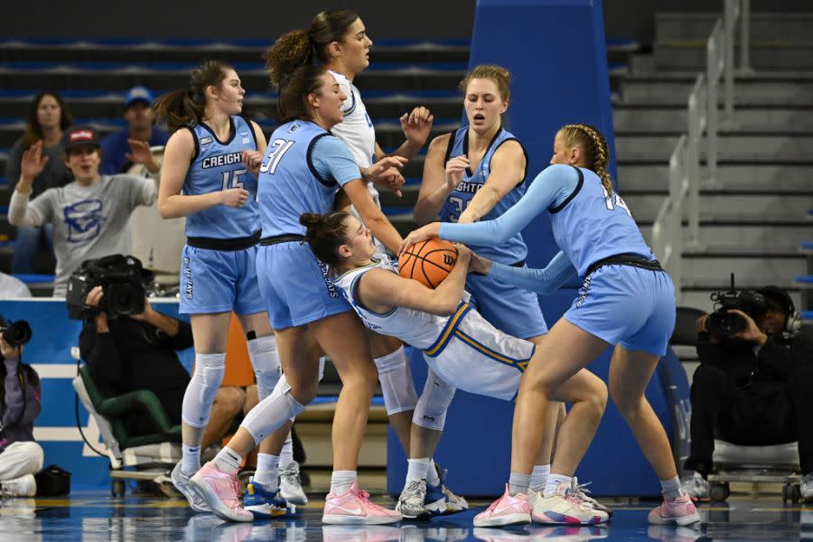 LOS ANGELES, CALIFORNIA – MARCH 25: Lauren Jensen #15, Emma Ronsiek #31, Morgan Maly #30 and Mallory Brake #14 of the Creighton Bluejays defend against Gabriela Jaquez #23 of the UCLA Bruins during the second round of the 2024 NCAA Women’s Basketball Tournament held at UCLA Pauley Pavilion on March 25, 2024 in Los Angeles, California. (Photo by John W. McDonough/NCAA Photos via Getty Images)