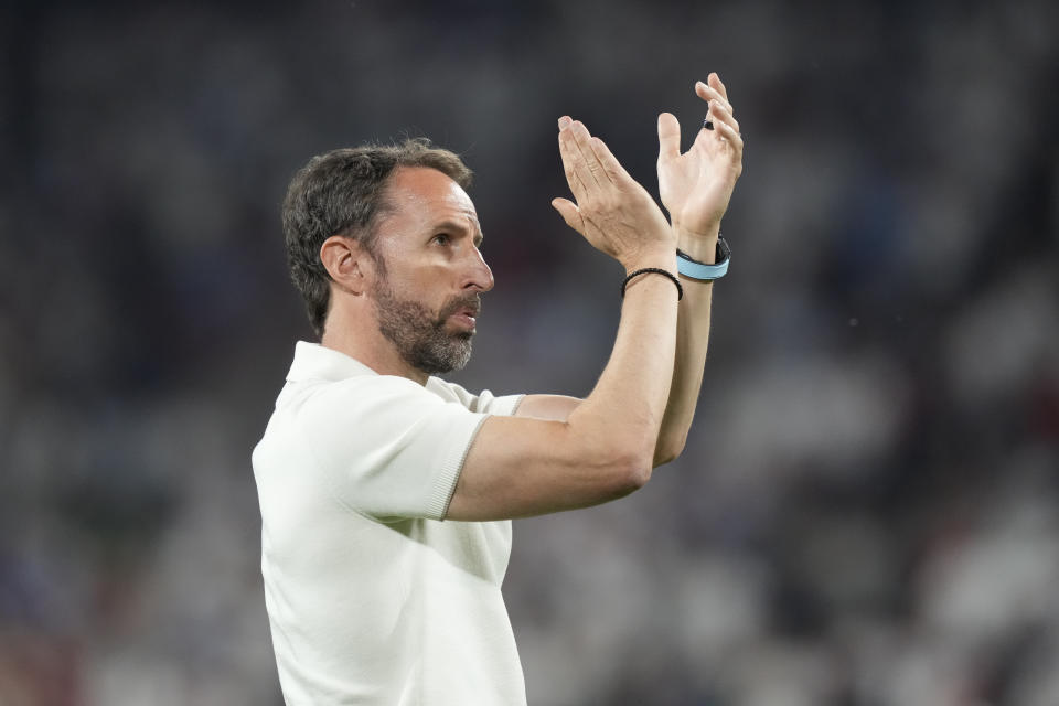 England's coach Gareth Southgate reacts at the end of a Group C match against Slovenia at the Euro 2024 soccer tournament in Cologne, Germany, Tuesday, June 25, 2024. The match ended in a 0-0 draw. (AP Photo/Martin Meissner)