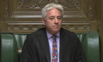 Speaker of Britain's House of Commons John Bercow makes a statement in the House of Commons in London whether Government can hold a debate and vote on the Brexit deal with Europe, Monday Oct. 21, 2019. The government request for a meaningful vote inside the House of Commons is rejected by Speaker Burcow. (House of Commons via AP)
